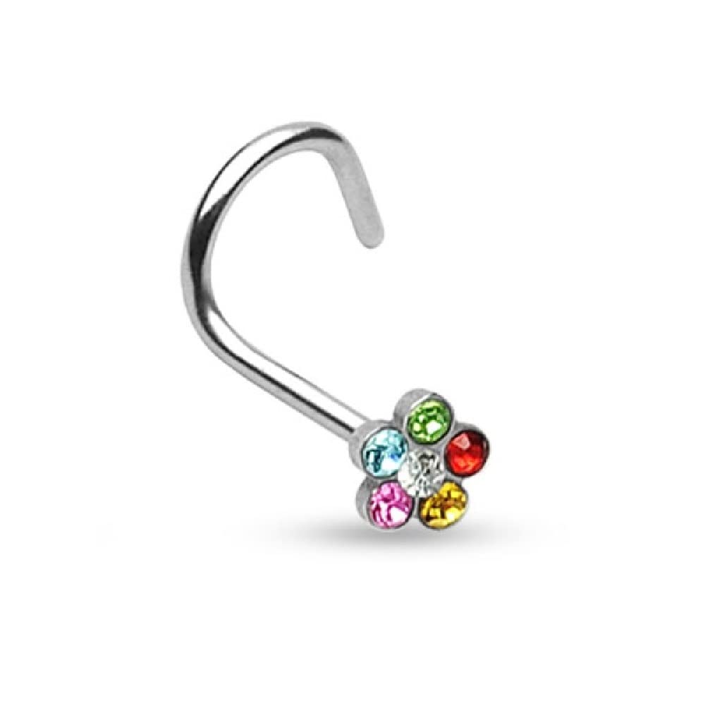 PiercedOff 316L Surgical Steel Nose Screw with Multiple Rainbow CZ Gems Flower - Thickness 18GA (1mm) / Length 6mm / Flower Size 4mm