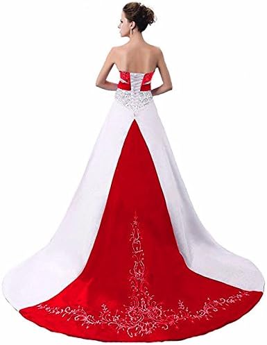 HUICHENGYAO Women's Strapless Satin Embroidery Wedding Dress A Line Bridal Gown Red L