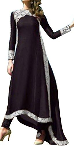 Fensajomon Women's Elegant Long Sleeve Floral Printed Islamic Muslim Chiffon Long Dress Black L