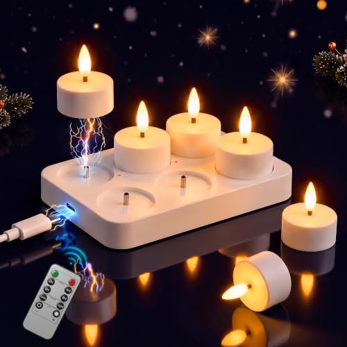 Dehobo Rechargeable LED Tea Light Candles Birthday Decoration 6 Pieces – Decorative Flame-Effect Candles with Charging Base More than 50 ~ 110 Hours – Flameless Candles for Party Home Living Room