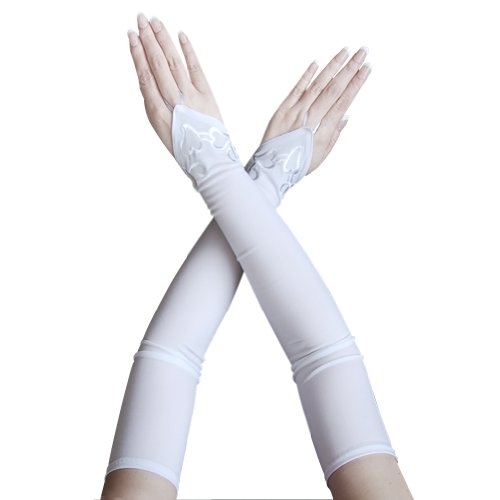 ZaZa Bridal Matte Finish Satin Fingerless Gloves w/ Embroidered Fluttering Heart-White