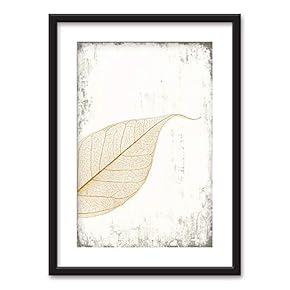 Framed Wall Art - Yellow Leaf Vein Pattern Vintage Background - Black Picture Frames White Matting - 23x31 inches