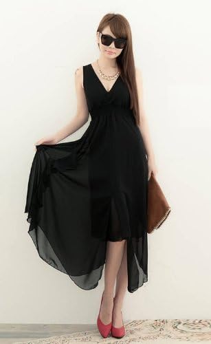 Amazon シフォン マキシワンピース ノースリーブ 深vネック 黒青 Opa 黒 Ki 服 ファッション小物 通販