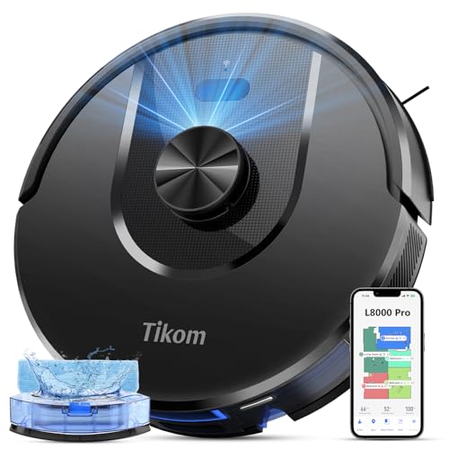 Tikom Robot Vacuum Cleaner with Mop Function, 6000Pa Vacuum Cleaner Robot with LiDAR Navigation, 150 Min Max, App Control, 14 No-Go Zones, Suction and Mop Robot for Pet Hair, Carpets and Hard Floors (L8000 Pro)