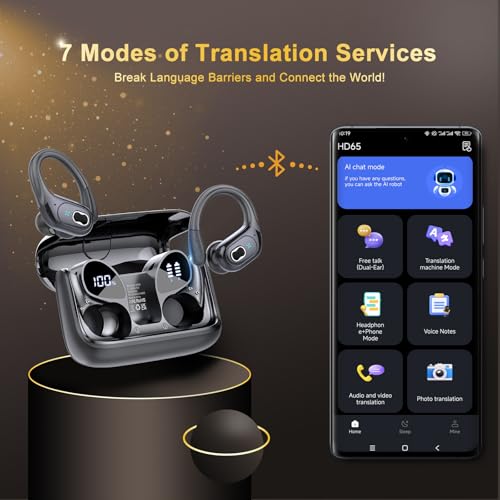 AI Headphones Translator, 3-in-1 Bluetooth 5.4 Real Time Voice Translator Headphones 164 Languages with App, 75 Hours Translator Earphones with Ear Hooks and ENC Mic, 6 Translation Modes for Business
