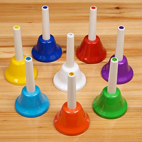 Handbell Set - 8 Note Diatonic Metal Bells - Musical Bells for Children - Musical Learning at an Early Age - Song Sheet included