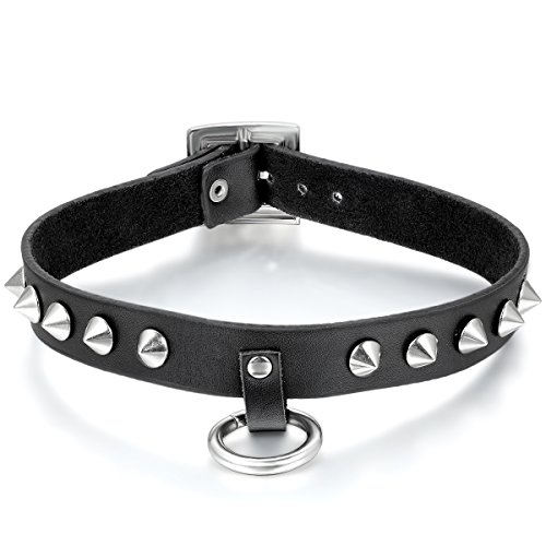 Jewelrywe Jewellery Necklace Women Men, Long Chain 43cm, Round Choker Necklace, Leather League, Retro Punk Rock Black Silver, Leather,Silver