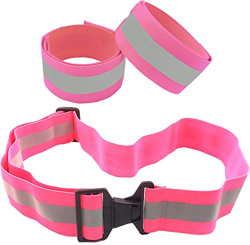 High Visibility Reflective Belt, Army PT Belt. Reflective Running Gear for Men and Women for Night Running Cycling Walking. Military Safety Reflector Strips (Pink Belt + 2 Bands)
