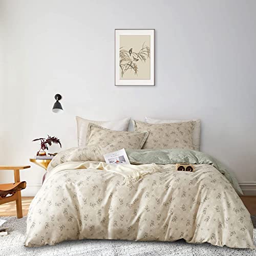 AMWAN Boho Cotton Duvet Cover Twin Kids Girls Garden Bedding Sets Beige Green Floral Printed Cute Comforter Cover Soft Botanical Cottagecore Duvet Cover with Zipper Closure