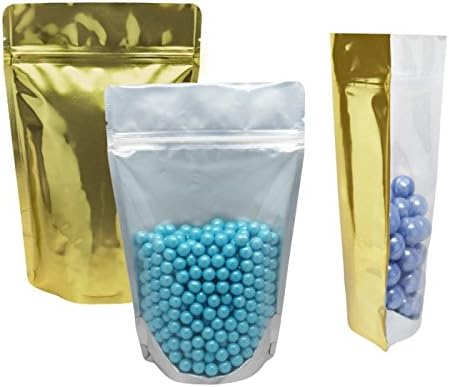 BAGS100 Stand-Up Pouches Heat Sealable Zip Bags (10 Count, 4-oz Clear/Gold)