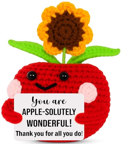 BuiltFit Sunflower Christmas for Teacher Women - Crochet Apple Sunflower Appreciation Thank You Gift for Teachers Coworker Friend Birthday Funny Gag Xmas Stocking Stuffers White Elephant Gifts