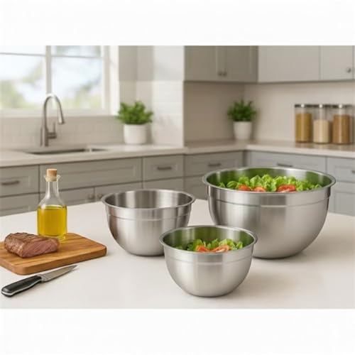 Conjunto 3 Tigelas Inox Premium 18cm 20cm 22cm – Bowls Aço Inoxidável Empilháveis Resistentes para Salada Massa Mistura Cozinha Profissional Durável