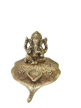 KALASAA FASHION Ganesh, Ganesha on Leaf - Ganesh with Diya - Lord Ganesha Metal Hand Craved for Home Decorative Gift Puja Diwali Gifts (Golden)