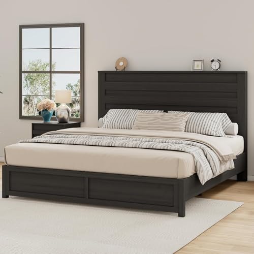 Jocisland King Size Farmhouse Bed Frame with 49" Headboard, Platform Bed Frame with Wood Slats Support/No Box Spring Needed/Easy Assembly, Black