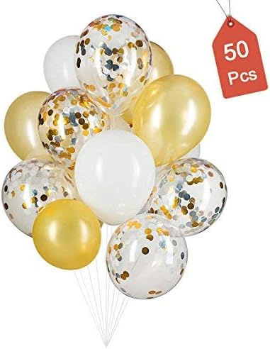 Gold, Confetti and White Balloons – Pack of 50, Great for Weddings Birthdays Bridal Shower Decorations Graduation Party Decorations Supplies 3 Style, 12 Inch