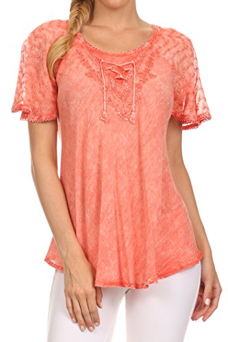 Sakkas 15783 - Ellie Sequin Embroidered Cap Sleeve Scoop Neck Relaxed Fit Blouse - Pink - OS