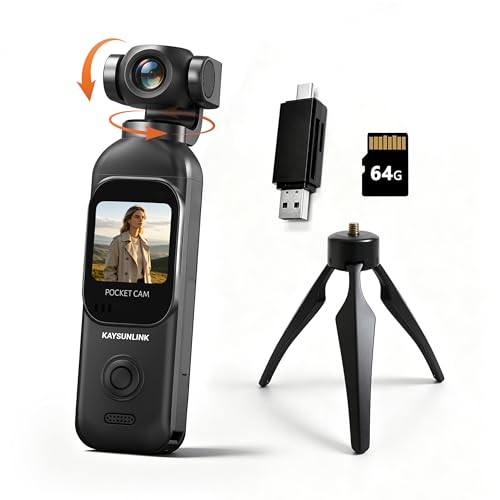 Kaysunlink 1080P Camera Vlog avec Objectif Rotatif à 270°, Caméra Portable avec écran tactile et Wi-Fi, 5 Heures d'autonomie, Caméra Vlog avec Carte de 64 Go, Noir