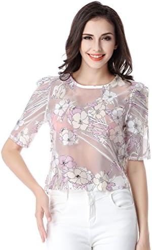 Glorria Women Thin Semi-transparent Floral Print Organza Blouses Summer Casual Fashion Sexy O-Neck Short Tops