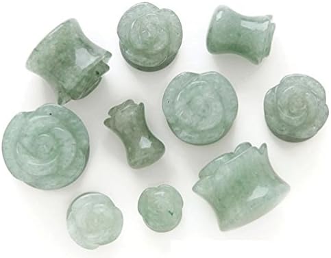 Rose Carved Green Jade Aventurine Stone Plugs - Sold by Pair (Choose Size) (00G (10mm))