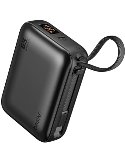 Basike Power Bank 65W, Carregador Portátil Universal 20000mAh, USB-C + Cabo Type-C Integrado e Removível, Carregamento Rápido PD/PPS para Samsung Séries S26-S21 e iPhone Séries 17-14 – Cinza