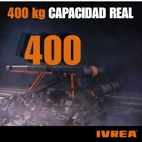 IVREA Banco de Pesas Ajustable y Plegable de Alta Resistencia – Banco Multifuncional Ajustable con Base Extra Ancha, Capacidad de 400 kg - Negro/Naranja