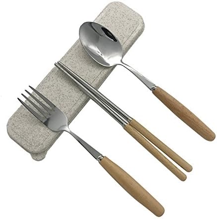 Ecago Wooden Handle Tableware, Stainless Steel Cutlery Serving Set, for Outdoor Camping Hiking Picnic Office Lunch, S1032