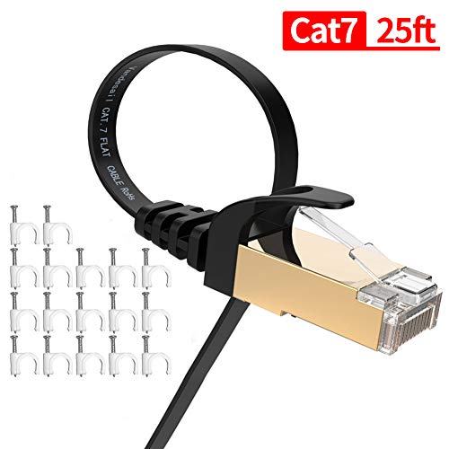 Cat7 Ethernet Cable 25 ft, VANDESAIL LAN Network Cable Cat 7, Flat Internet Cables with RJ45 Connector for Router, Modem, Gaming, Xbox (25ft, Black)