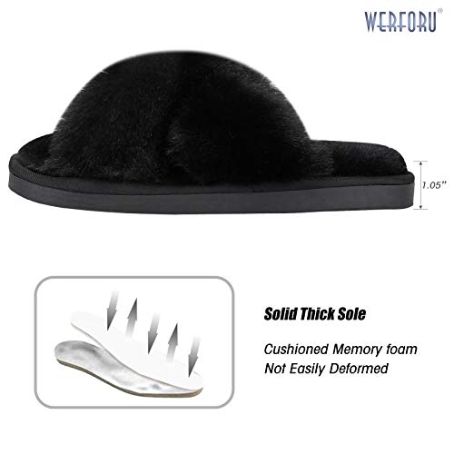 Women Cross Band Slippers, Soft Plush Fleece Slippers, Furry Cozy Open Toe House Shoes, Indoor Outdoor Faux Rabbit Fur Comfy Slippers,Black, 7-8
