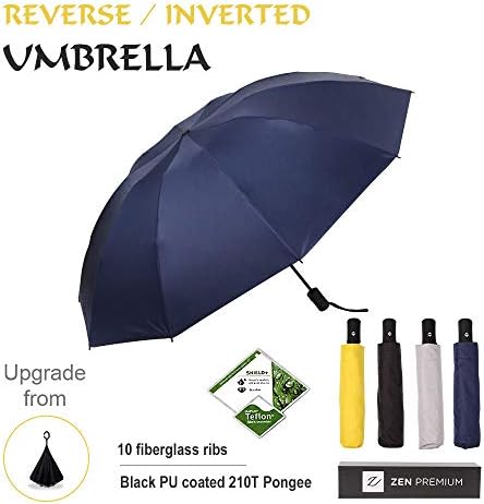 ZEN Premium l Compact Reverse Inverted Umbrella - 10 Ribs, Lightweight, Strong Windproof, 210T Black Coated Pongee with Teflon Coating (UV Protection), Automatic Auto Open/Close Button (Blue)
