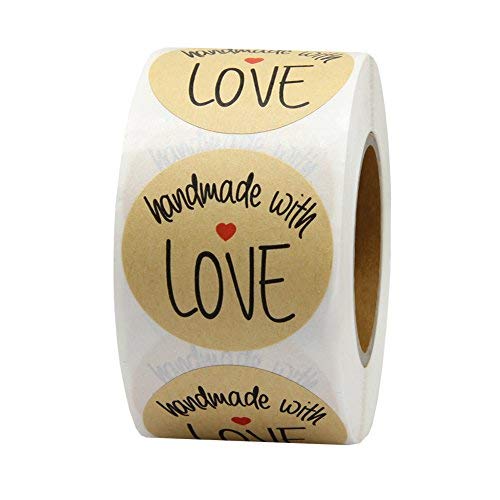 Hcode 38mm Round Natural Kraft Handmade with Love Stickers Thank You Stickers Color Coding Labels Total 500 Permanent Adhesive Labels Per Roll (Handmade with Love)