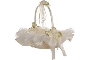 DULRLLY Wedding Flower Girl Basket, Hand-woven Storage Basket with Removable Handle and Rhinestone, Sweet Romantic Petals Basket, Lace Bowknot Bride Basket for Wedding