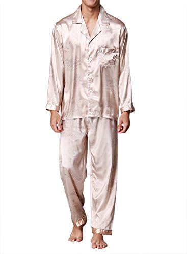 Musen Men's Silk Pajama Sets 2pcs Satin Sleepwear Loungewear Mandarin Duck Champagne 2XL