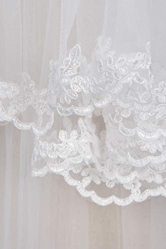 Women's Short 2 Tier Lace Wedding Bridal Veil With Comb,Ivory - Thumbnail 4