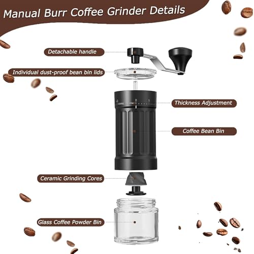 Molinillo de Café Manual Grosor Ajustable,Molinillo de Café 40 Ajustes Ajustables,Coffee Grinder Portátil con Tarros de Cristal para Coffee Grinder Portátil Ideal uso Doméstico Campamento (Negro)