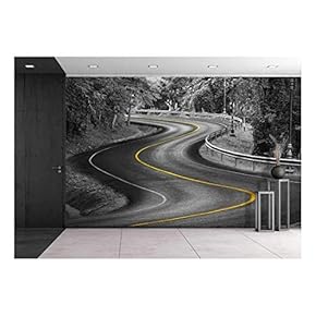 Black and White Curve Way of Asphalt Road in Nature with Yellow Line - Removable Wall Mural | Self-Adhesive Large Wallpaper - 66x96 inches