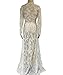 BACKGARDEN Women Floral Lace Deep V-Neck Long Sleeves Bridesmaid Maxi Dress (Size 12) White