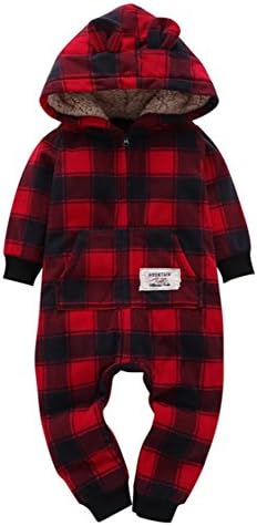 Buffalo Plaid Fleece Hooded Romper One Piece Hood with Ears and faux shearling (12-18 Months)