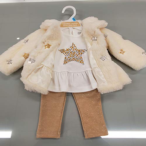 Fleece Fur Winter Coat Baby Girl 12-18 Months - Toddler Baby Girl Long Sleeve Outfit Sets with Peplum Top Dress, Leggings 3 Piece Set (White Coat Set, 12 Months)