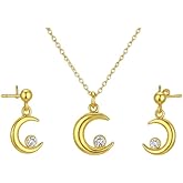 TeeGem Jewelry 18K Gold Plated Stainless Steel Crescent Moon Necklace and Dangle Stud Earring Set with Cubic Zirconia | Hypoallergenic, Tarnish-Free Jewelry Gift Set for Women