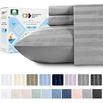 Feather & Stitch King Size Fitted Sheet - 500TC 100% Cotton Damask Sateen, Ultra Soft, 18" Deep Pocket For Mattress (Semolina Stripe)