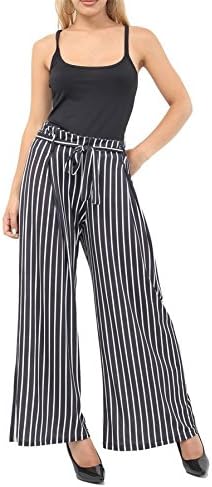 FASHION FAIRIES Ladies Stripe Polka Dot Belted Loose Trouser Womens Wide Leg Tie Waist Palazzo#(Black with Thin Stripe Wide Leg Palazzo#US 6-8#Womens)