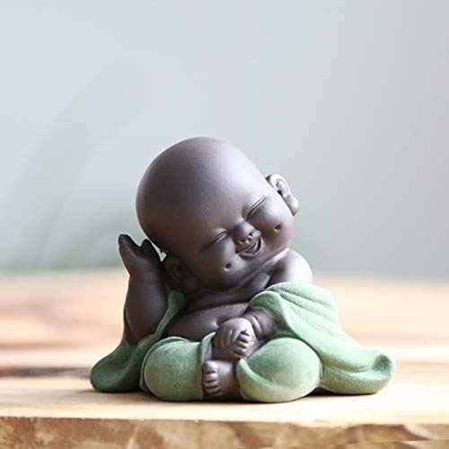 MonLiya Ceramic Little Cute Buddha Statue Monk Figurine Creative Baby Crafts Dolls Ornaments Gift Classic Delicate Ceramic Arts and Crafts Tea Accessories 2.8'' Inches High (Green)