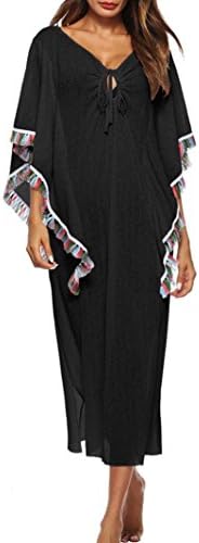 Halijack Women Summer Cover Up Ladies Tassel Flare Sleeve Hollow Out Maxi Dress Beachwear Plus Size Bikini Swimsuit Swimwear Bathing Suit Smock Loose Casual Sunscreen Beach Dress