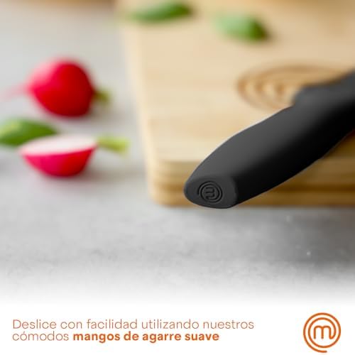 MasterChef Juego de Cuchillos de Cocina con Soporte Taco Universal con Set para Pan, Cebollero, Chef, Carne y Pelar, en Acero Inoxidable, 5 Piezas, Negro, Stainless Steel, Negro, Tacto Suave