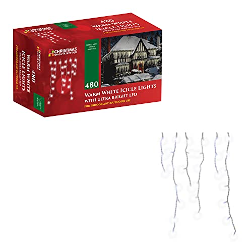The Christmas Workshop Warm White Icicle LED Christmas Lights/Mains Powered with 8 Functions/Indoor or Outdoor Fairy Lights for Home, Weddings and Gardens (480)