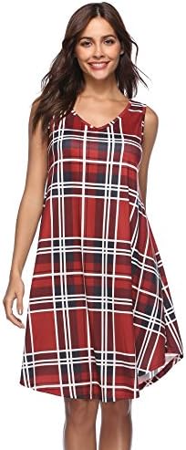 Womens Casual Loose Sleeveless Belted Plaid Striped Tunic A Line Dress