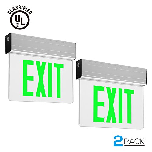 Green LED Exit Sign, UL-Listed Emergency Light, AC 120V/277V, Battery included, Single/Double Face, Ceiling/Side/Back Mount, for Hotels, Restaurants, Shopping Malls, Hospitals, Pack of 2