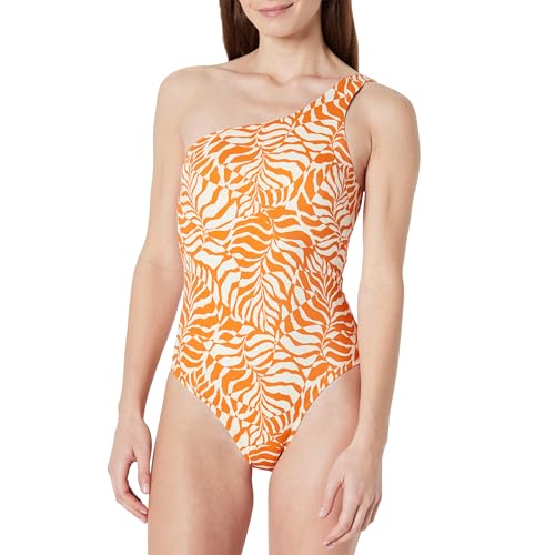 Amazon Essentials Women's One-Shoulder One-Piece Swimsuit, Rust Orange Abstract…