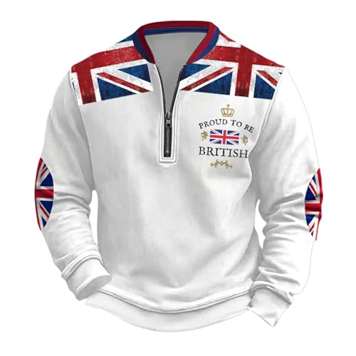 Men's Sweatshirts Quarter Zip Collar Casual Pullover Jumper For Men Uk British Flag Printed Fleece Sweatshirts Autumn Winter Thermal Tracksuit Tops Bussiness Office Home Athletic Sweatshirt
