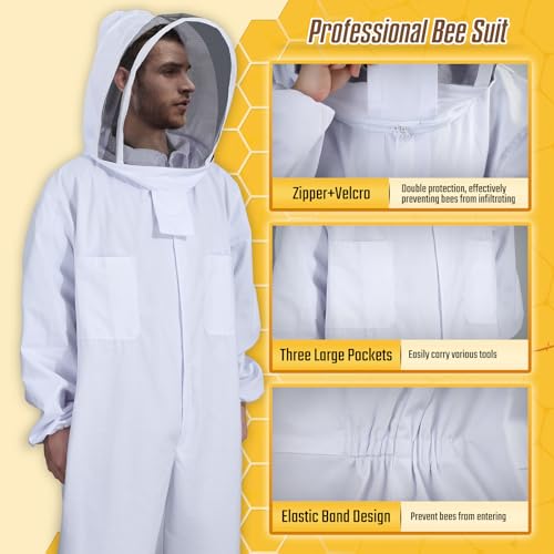 Moontay Coton complète du Corps Apiculture Vêtements Veil Capuche Gants Chapeau Vêtements Lapin de Protection Apiculture Suit Simonthebeekeeper Conséquence d'équipement X-Large Blanc